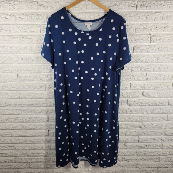 Lularoe Womens Dress 3XL Plus Short Sleeve Blue Polka Dot Pockets GEO194E - Picture 1 of 11
